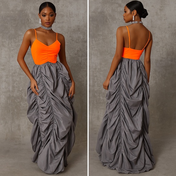 LUSIFER x MO&CO Ruched Nylon Parachute Maxi Dress Gray Neon Orange Size Small - Picture 1 of 16